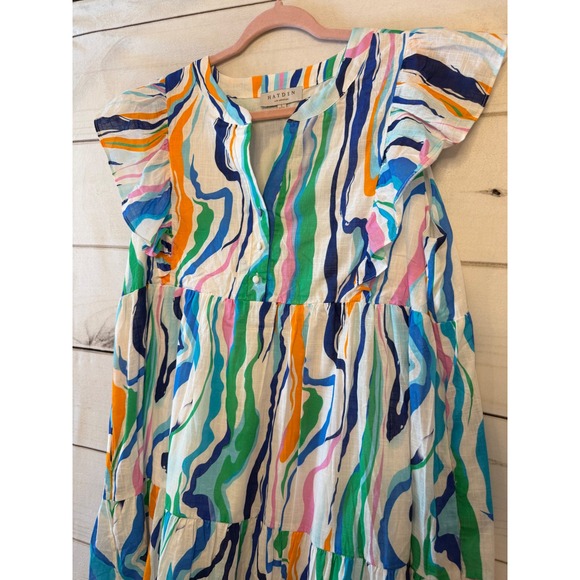 HAYDEN LOS ANGELES Tiered Ruffle Sleeve Abstract Print Mini‎ Dress Size L - Picture 2 of 7